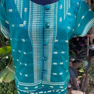 Turquoise Green Wrap Skirt with Gold Brocade with matching Top, size Medium